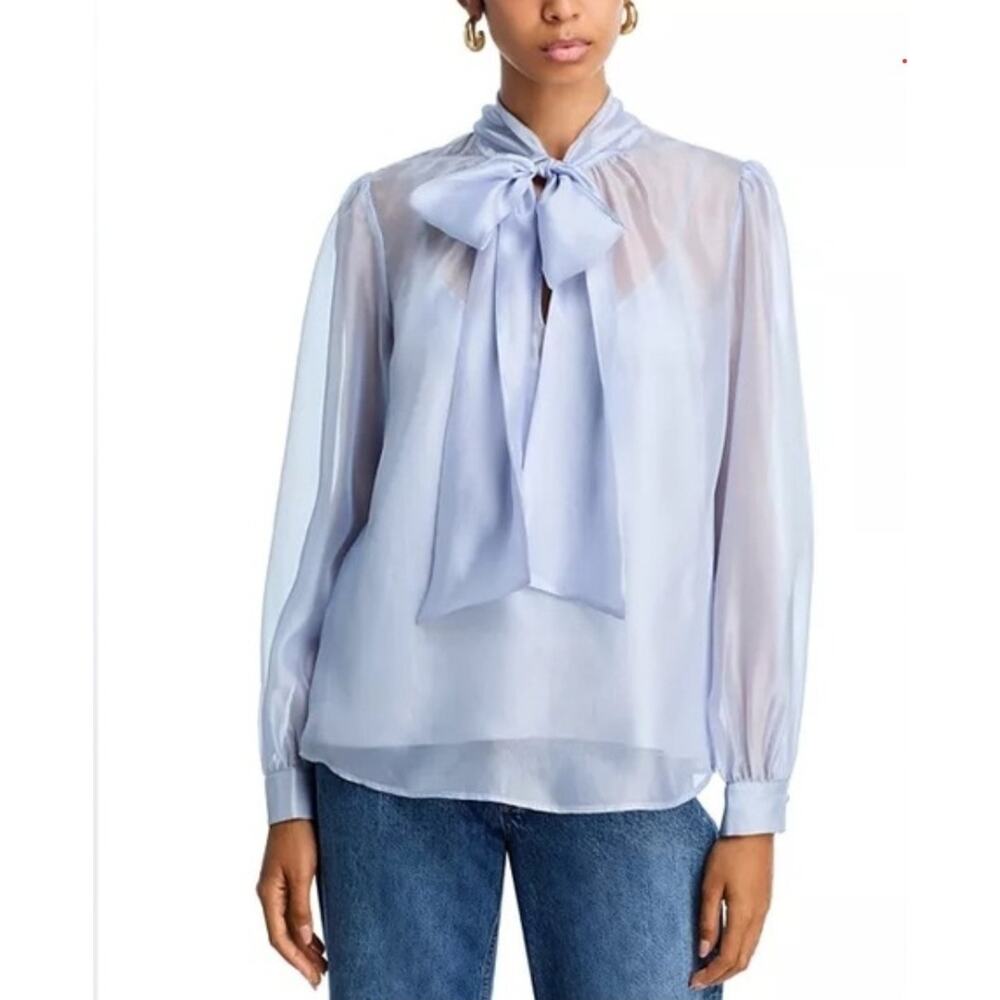NEW! Light Blue Chiffon Bow Tie Neck Blouse Long Sleeve Top Size L